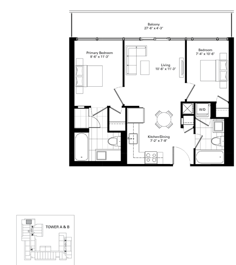 Floor plan for 2 beds, 2 baths, 610 sqft